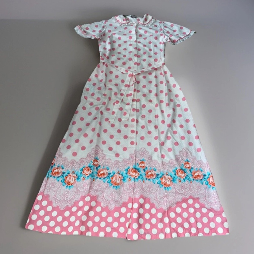 Elizabeth Paige VINTAGE Housecoat Robe Small Polka Dots Floral Print  Pink White